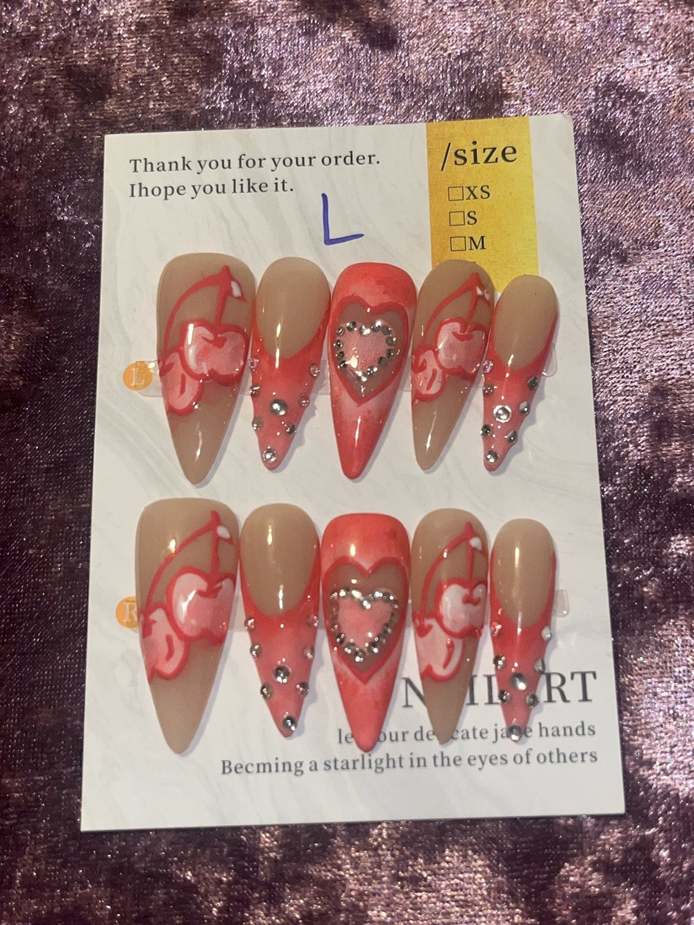 Handmade Long Stiletto Press-On Nails with Pink Heart Design